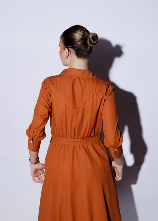 legant long-sleeve dress for formal events in warm terracotta tone