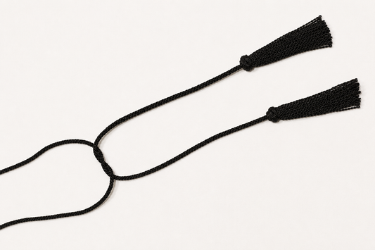 Hand-woven black silk cord belt with two tassels on a white background