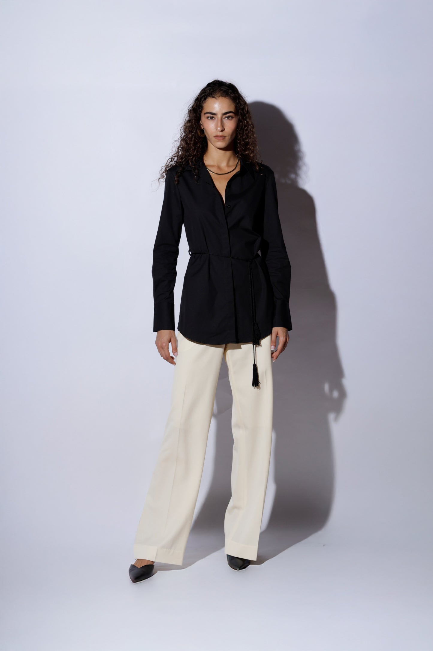 Black cotton blouse and belt 100% Wool pant ivory