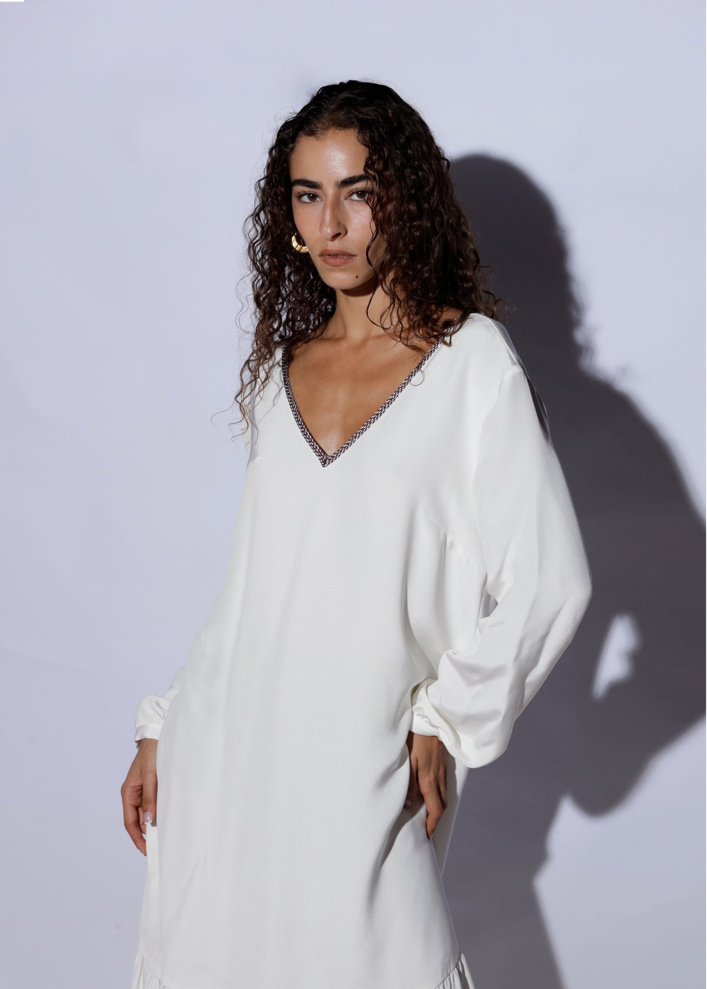 Luxury White Silk Long Dress deep neckline