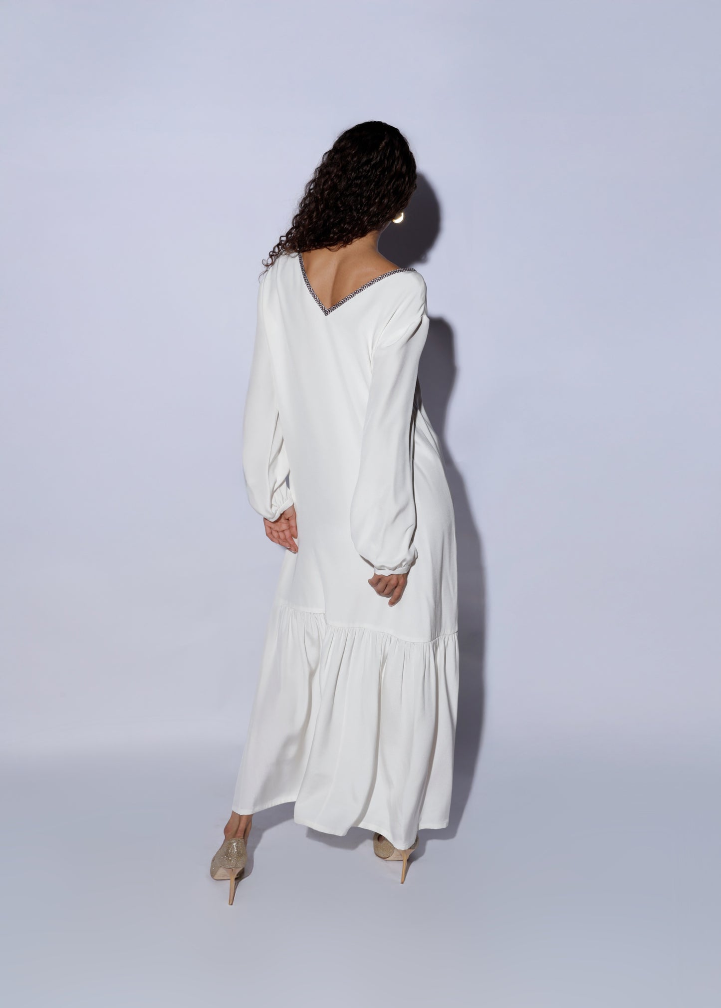 Luxury White Silk Long Dress deep neckline