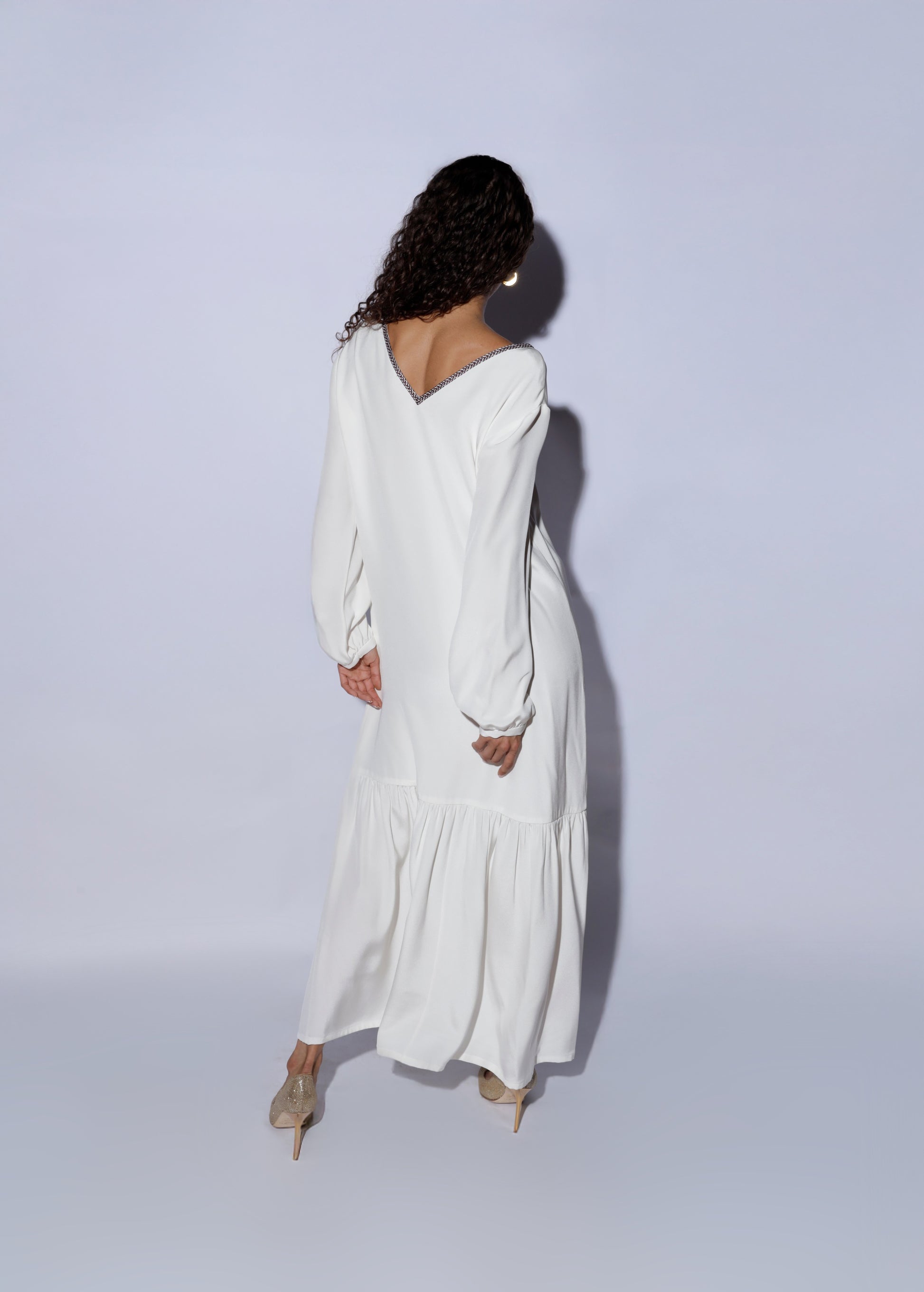 Luxury White Silk Long Dress deep neckline