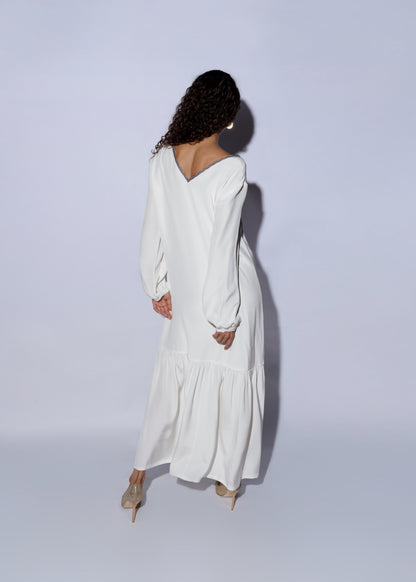 Luxury White Silk Long Dress deep neckline