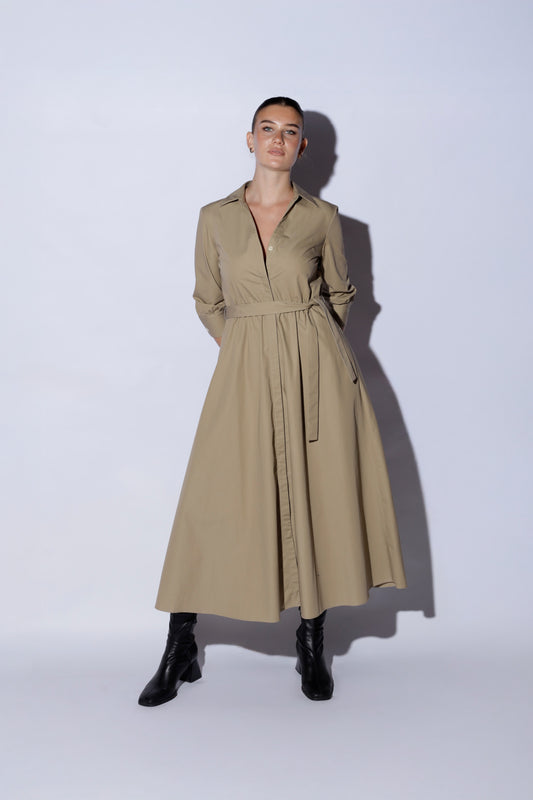 Elegant long shirt dress in beige / taupe with V-neckline and sculpted yoke